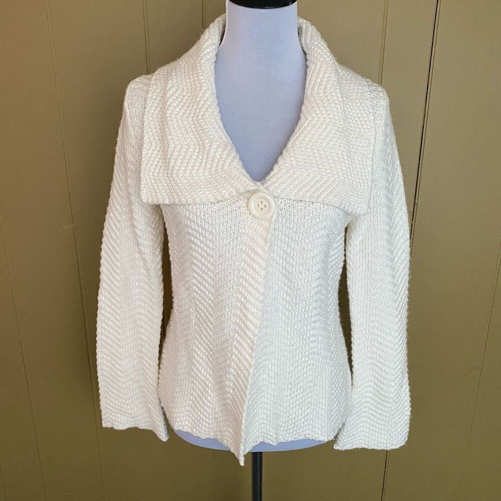 JM Collection women S one button knit collared sweater jacket white